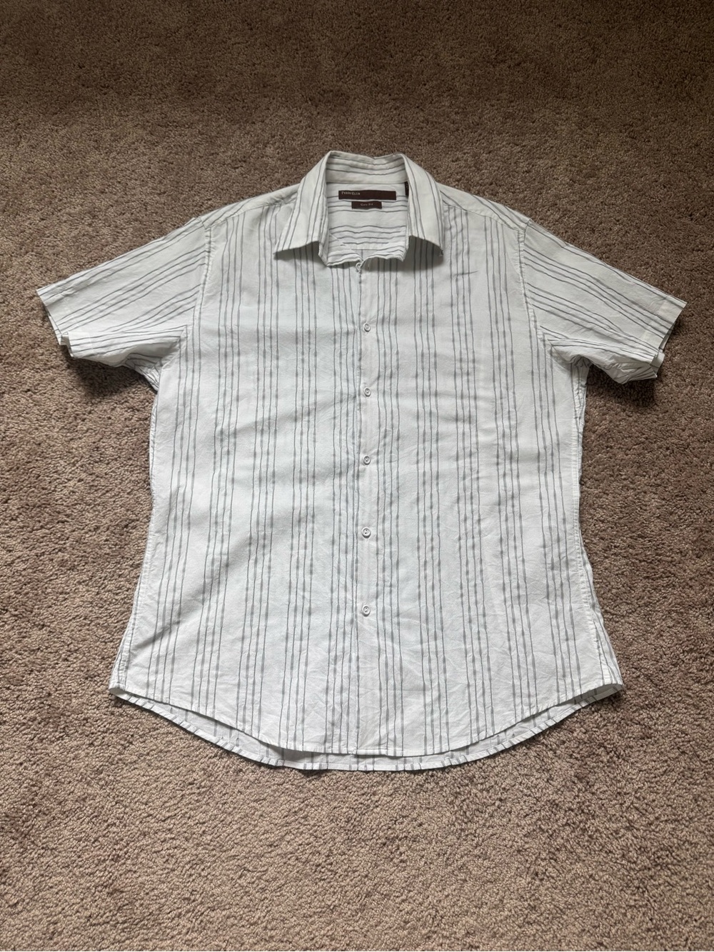 Perry Ellis White Short-Sleeve Button-Down with Thin Gray Stripes